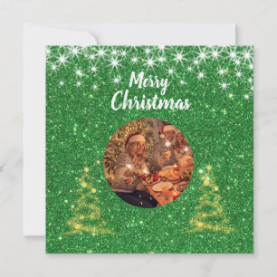 Merry christmas- green glitter photo holiday  card