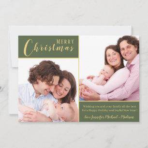 Merry Christmas Green Gold 2 Photo Holiday Card
