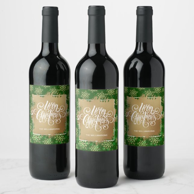 Merry Christmas Green Gold Snowflakes Wine Label (Bottles)