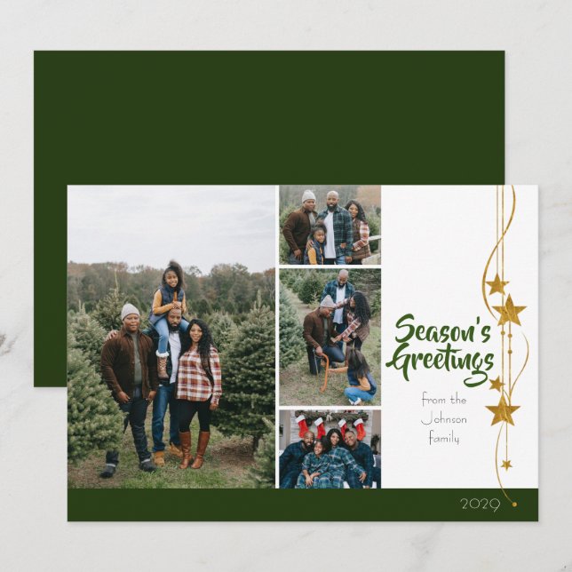 Merry Christmas Green Gold Stars Photo Collage  Holiday Card (Front/Back)