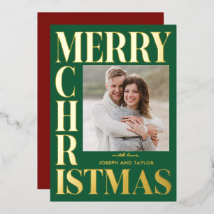 Merry Christmas Green Gold Typography Square Photo
