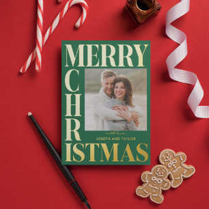 Merry Christmas Green Gold Typography Square Photo