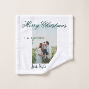 merry christmas green grey photo name place modern wash cloth