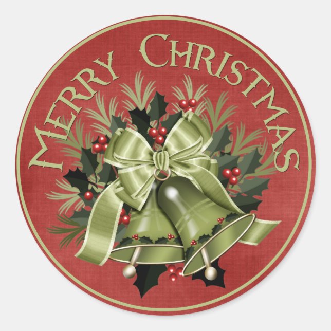 Merry Christmas Green Holiday Bells Stickers (Front)