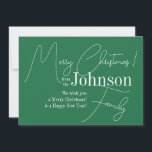 Merry Christmas Green Modern Holiday Card<br><div class="desc">This is a modern, Merry Christmas design. It is in festive green and white. It has the message, "Merry Christmas! from the Johnson Family", "We wish you a Merry Christmas & a Happy New Year!" in white stylish typography script. It has the same message on the front and back. To...</div>