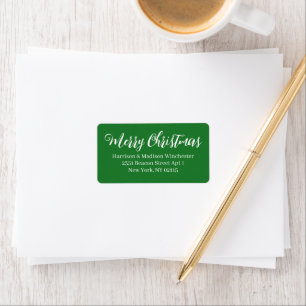 Merry Christmas green modern script Return Address Label