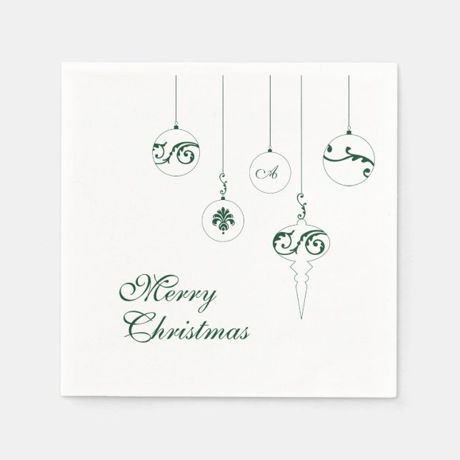 Merry Christmas Green Monogram Bauble Square Napkin (Front)