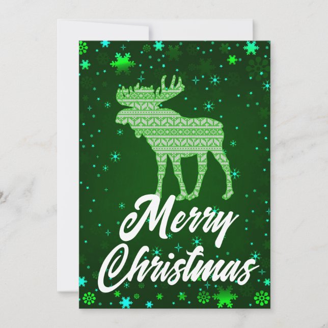 Merry Christmas Green Moose Snowflakes Holiday Card (Front)