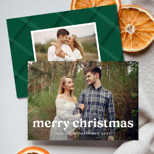 Merry Christmas Green Painted Plaid 2 Photo Holiday Card