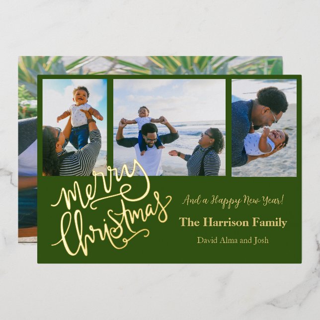 Merry Christmas Green Personalised Photo Gold (Front/Back)