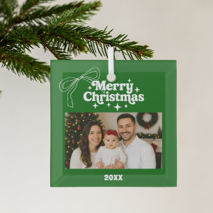 Merry Christmas green photo bow Doodle Glass Tree Decoration