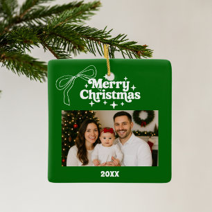 Merry Christmas green photo bow hand-drawn retro Ceramic Ornament