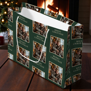 Merry Christmas Green Photo Holiday Large Gift Bag