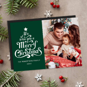 Merry Christmas Green Photo Magnetic Holiday Card