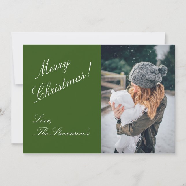 Merry Christmas Green Photo Script Holiday Card (Front)