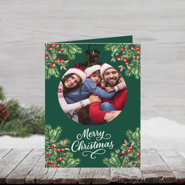 Merry Christmas green photo year in review Holiday Card (Creator Uploaded)