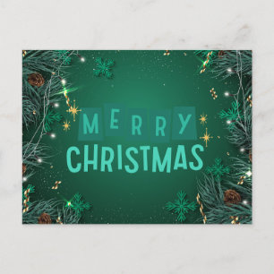Merry Christmas Green Pine Branches & Snowflakes Holiday Postcard