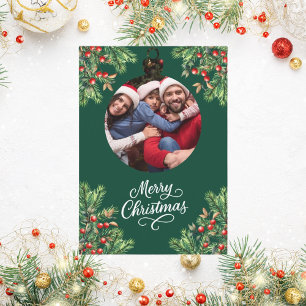Merry Christmas green pine photo year in review Holiday Card