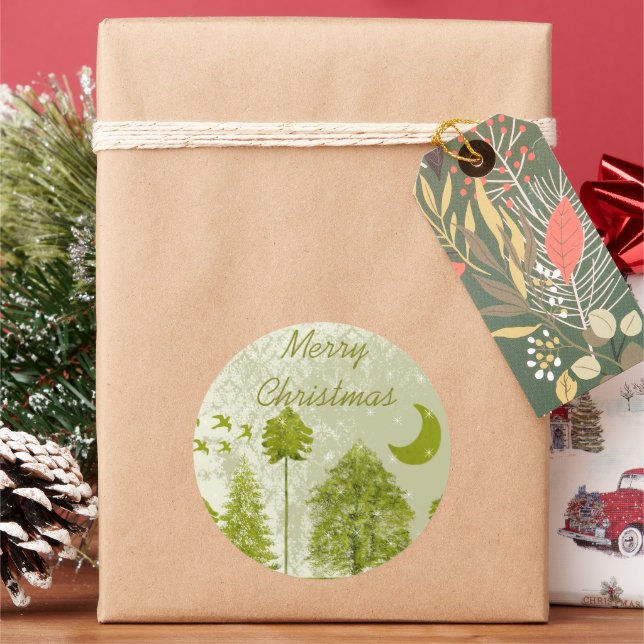 Merry Christmas Green Pines Moon & Stars Classic Round Sticker (Holiday)