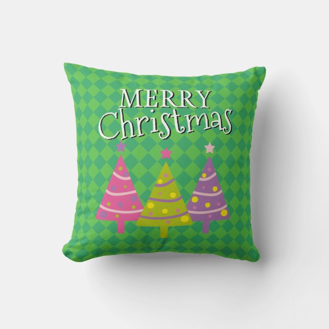 Merry Christmas Green Pink Trees  Cushion (Front)