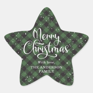Merry Christmas Green Plaid Calligraphy Snow Star Sticker