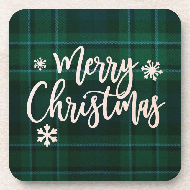 Merry Christmas Green Plaid Coaster (Front)