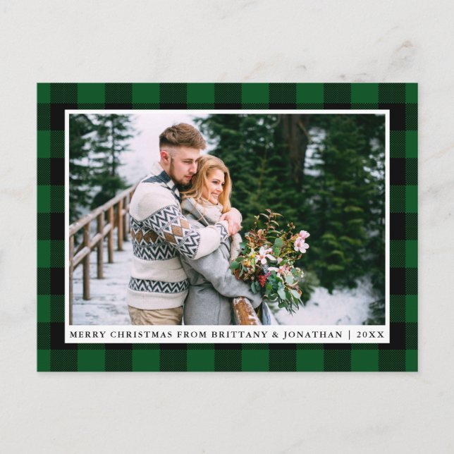 Merry Christmas Green Plaid Couple Photo Postcard (Front)