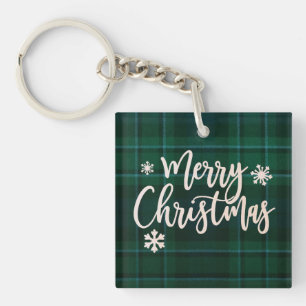 Merry Christmas Green Plaid Key Ring