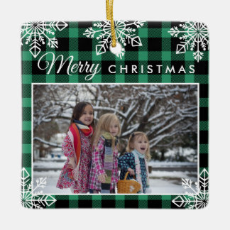 Merry Christmas Green Plaid Snowflakes 2 Photo Ceramic Ornament