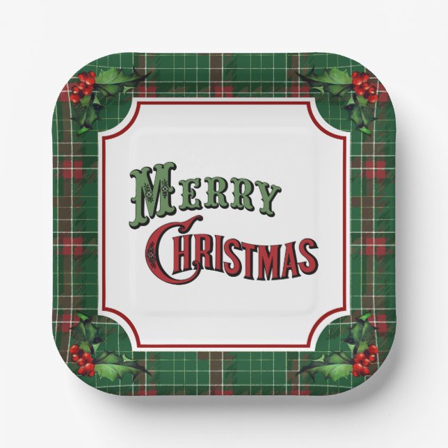 Merry Christmas Green Plaid with Holly Paper Plate (Front)