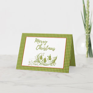 Merry Christmas green red check plaid with candles Card