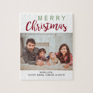 Merry Christmas Green Red Family Photo Simple Chic Jigsaw Puzzle