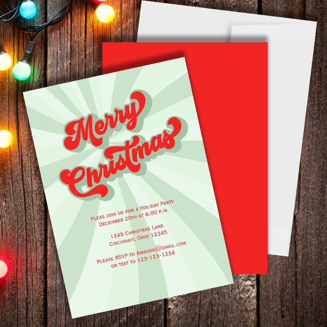 Merry Christmas Green Red Fun Retro Typography  Invitation (Printed on 17.5 pt. / 120 lb. weight paper with vibrant colors. )