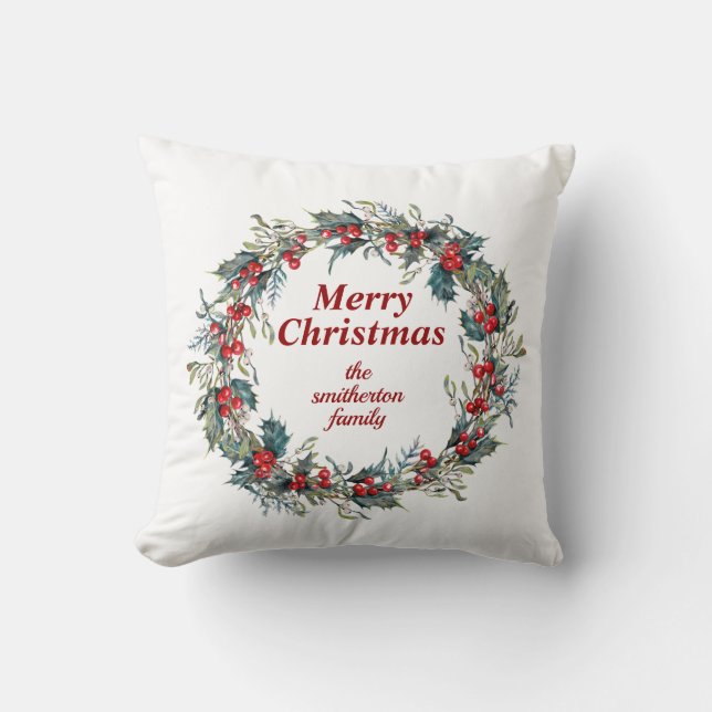Merry Christmas Green Red Holly Berry Wreath Cushion (Front)