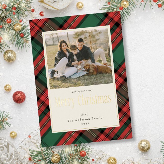 Merry Christmas Green Red Plaid Family Photo Gold (Merry Christmas Green Red Plaid Family Photo Gold Foil Holiday Card)