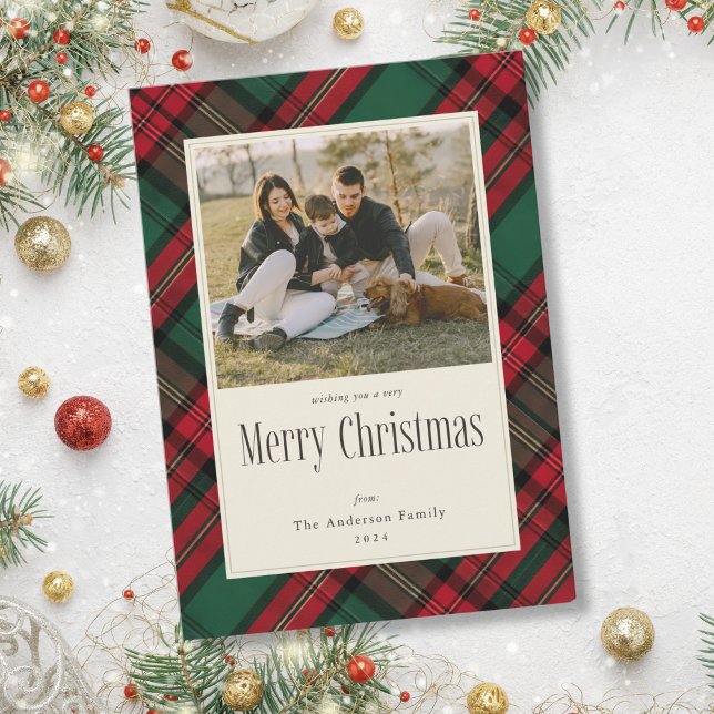 Merry Christmas Green Red Plaid Family Photo Holiday Card (Mockup View)