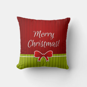 Merry Christmas Green Red Stripes Pattern and Bow Cushion