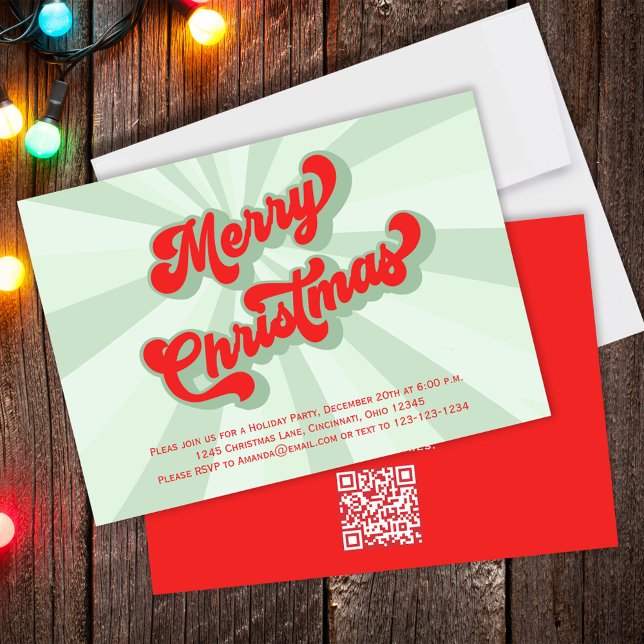 Merry Christmas Green Retro Typography QR Code Invitation (Merry Christmas Whimsical retro style typography party invitation. )