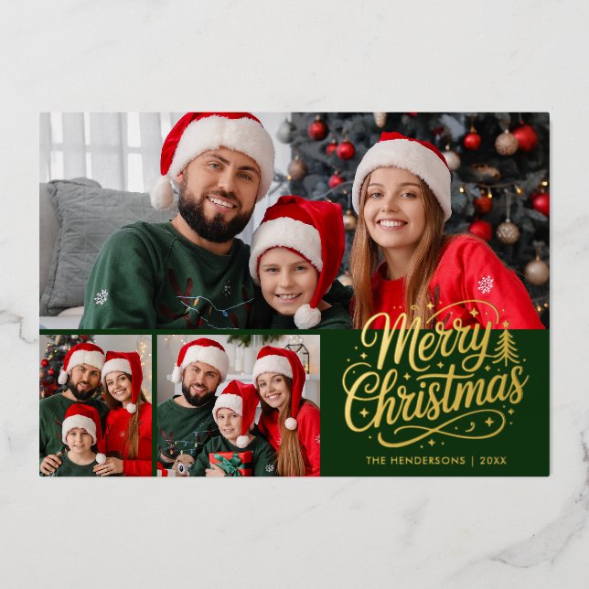 Merry Christmas Green Script 3 Family Photo (Front)