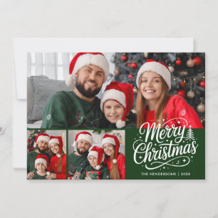 Merry Christmas Green Script 3 Family Photo Holiday Card