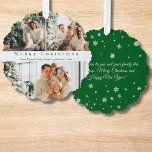 merry christmas green script 3 photos collage chic tree decoration card<br><div class="desc">background photos by freepik.com
elegant stylish merry christmas green script three photos collage Ornament Card</div>