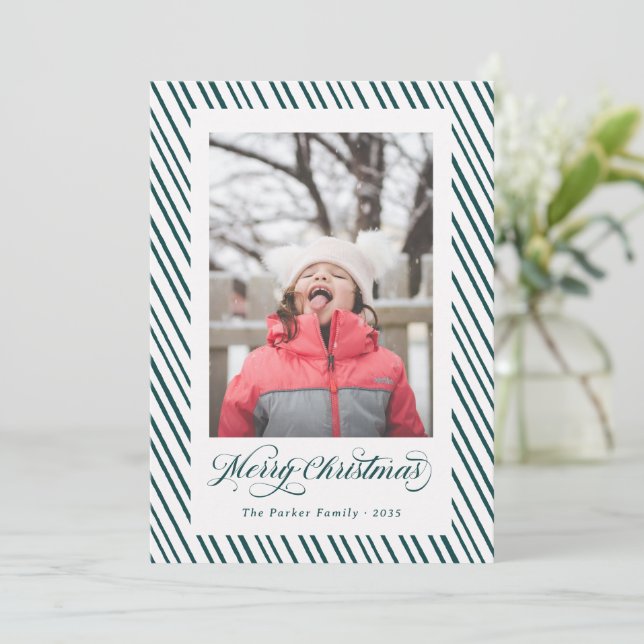 Merry Christmas Green Script Calligraphy Stripes Holiday Card (Standing Front)