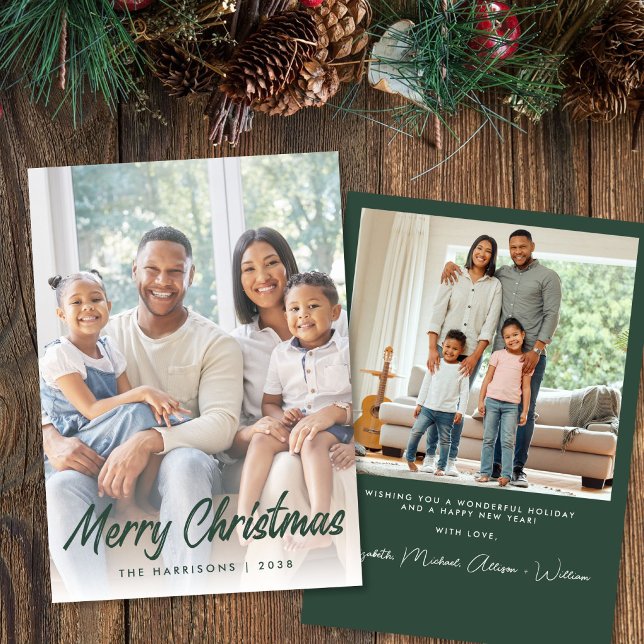 Merry Christmas Green Script Photo Holiday Card (Merry Christmas Green Script Photo Holiday Card)