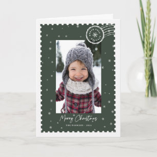 Merry Christmas Green Script Typography Stamp Holiday Card