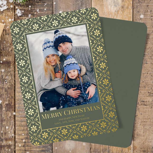 Merry Christmas Green Snowflake Gold 1 Photo  (Merry Christmas holiday photo card template with real gold foil. )