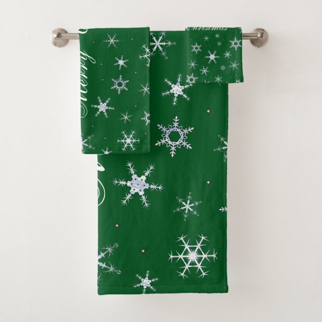 Merry Christmas Green Snowflakes Bath Towel Set (Insitu)