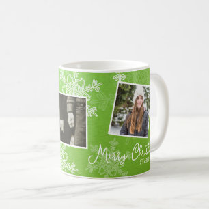 Merry Christmas Green Snowflakes Photo Collage Coffee Mug