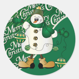 Merry Christmas Green Snowman Classic Round Sticker