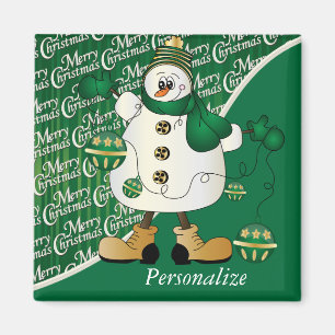 Merry Christmas Green Snowman Magnet
