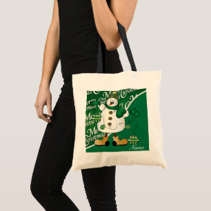 Merry Christmas Green Snowman Tote Bag